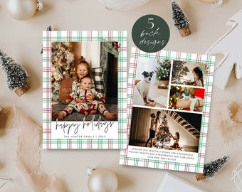 Printable Plaid Holiday Photo Card Template, Rustic Tartan Christmas Card, Personalized Happy Holidays Photo Collage Card, Modern Corjl PP78
