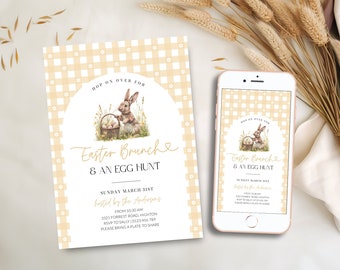 Yellow Plaid Easter Egg Hunt Brunch Invitation, Printable Easter Celebration Invite Digital, Gingham Spring Bunny, Editable, Corjl PP82