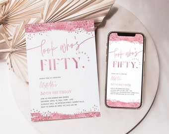 Rose Gold 50th Birthday Invitation For Women, 50th Birthday Party Invite for Her, Editable Fifty Digital, Women's 50th, Glitter, Corjl PP79