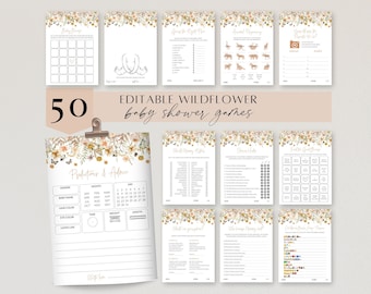 Wildflower Baby Shower Games Bundle, Floral Baby Shower Games Package, Printable Boho Baby Shower Signs, Baby in Bloom, Baby Girl Corjl PP72