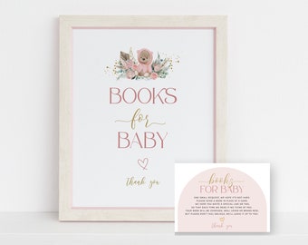 Books For Baby Shower Insert, Books For Baby Sign Card, Boho Teddy Bear, Girl Pink, Printable Baby Book Request, Bring A Book, Corjl PP53