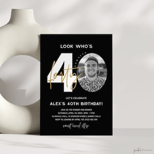 40th Birthday Party Invitation with Photo, Minimalist Men Black Gold Forty Invite, Editable Template, Aesthetic, Evite For Him, Corjl PP64