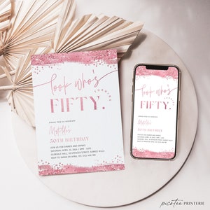 Rose Gold 50th Birthday Invitation For Women, 50th Birthday Party Invite for Her, Editable Fifty Digital, Women&#39;s 50th, Glitter, Corjl PP79