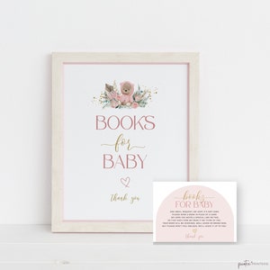 Books For Baby Shower Insert, Books For Baby Sign Card, Boho Teddy Bear, Girl Pink, Printable Baby Book Request, Bring A Book, Corjl PP53