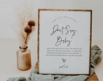 Don't Say Baby Shower Game, Don't Say Baby Clothes Pin Sign, Printable Minimalist Clothespin Baby Shower Game, Gender Neutral, Corjl PP63