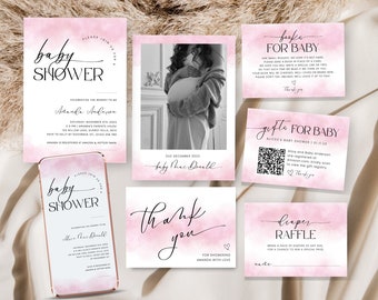 Baby Shower Invitation Pink, Printable Baby Shower Bundle, Girl Baby Baby Shower Invite, Books for Baby, Diaper Raffle, Evite, Corjl PP55