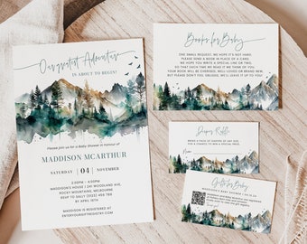 Our Greatest Adventure Invitation Bundle, Mountains Baby Shower Bundle Printable, Adventure Awaits Invite, Forest, Rustic Boy, Corjl PP58