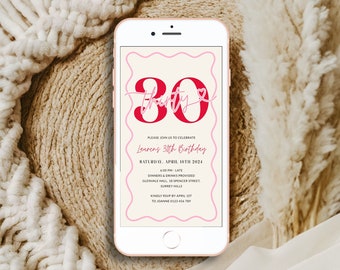 Digital Wavy Border 30th Birthday Invitation Women, Modern Scalloped 30th Party Phone Invite for Her, Pink Red, Editable Thirty, Corjl PP84