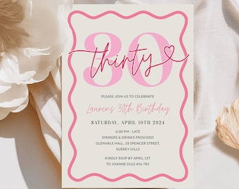 Pink Wavy Border 30th Birthday Invitation Women, Modern Scalloped 30th Party Invite for Her Printable, Editable Thirty Digital, Corjl PP84