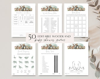 Woodland Baby Shower Game Bundle Printable, Editable Woodland Animal Games Pack, Greenery Forest Activity Template, Gender Neutral Game PP70