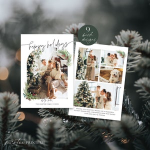 Arch Happy Holidays Photo Card Printable, Minimalist Christmas Photo Card Template, Personalized Family Picture Card, Editable, Corjl PP78