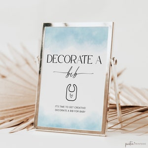 Baby Shower Decorate A Bib Sign, Printable Bib Decorating Station, Blue Baby Shower Craft Activity, Fun Game Editable, Baby Boy, Corjl PP65