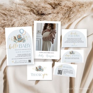 Boho Bear Baby Shower Invitation Printable, Blue Teddy Bear Baby Shower Invite Template, Baby Boy, We Can Bearly Wait, QR Code, Corjl PP59