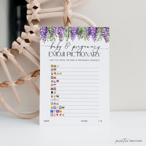 Baby Shower Emoji Pictionary with Answers Printable, Wisteria Emoji Picture Game Template Girl, Purple Floral Baby Shower Quiz, Corjl PP77