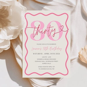 May include: Pink and white birthday invitation with the text "thirty" in pink with a heart. The invitation is for Lauren's 30th birthday party on Saturday, April 10th, 2024 at 6:00 PM. The party will be held at Glenvale Hall, 18 Spencer Street, Surrey Hills. RSVP by April 1st to Joanne at 0123 456 789.