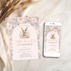 May include: A pink and green floral patterned invitation for an Easter brunch and egg hunt. The invitation features a cute bunny rabbit illustration and the text "Hop on over for Easter Brunch & an Egg Hunt".