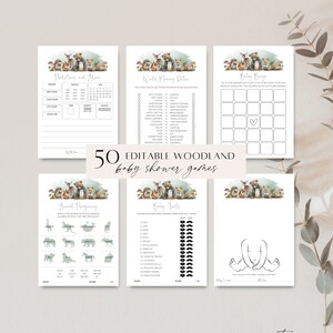 Woodland Baby Shower Game Bundle Printable, Editable Woodland Animal Games Pack, Greenery Forest Activity Template, Gender Neutral Game PP70
