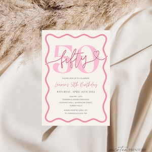 May include: Pink and white birthday invitation with the number 50 in pink with a heart. The text reads "Please join us to celebrate Lauren's 50th Birthday, Saturday, April 10th 2024, 6:00 PM - Late, Dinners & Drinks Provided, Glenvale Hall, 18 Spencer Street, Surrey Hills, Kindly RSVP by April 1st to Joanne 0123 456 789".