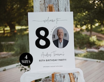 Modern 80th Birthday Welcome Sign with Photo, Men's Birthday Party Welcome Poster, Editable Welcome Board for Him, Eighty Decor, Corjl PP39