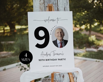 Modern 90th Birthday Welcome Sign with Photo, Men's Birthday Party Welcome Poster, Editable Welcome Board for Him, Ninety Decor, Corjl PP39