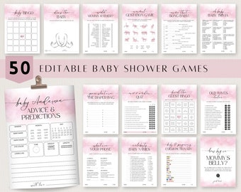 Pink Baby Shower Games Bundle, Modern Baby Shower Game Bundle Template, Printable Games, Fun Baby Games Editable, Baby Girl, Boho Corjl PP55
