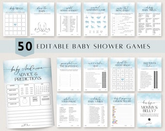 Blue Baby Shower Games Bundle, Printable Baby Shower Game Bundle Template, Editable Games, Fun Baby Games, Boho Baby Boy, Modern, Corjl PP65