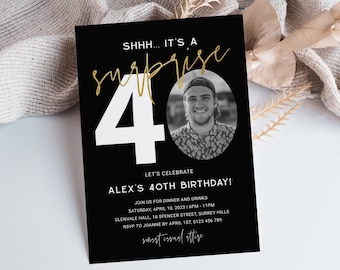 Surprise 40th Birthday Invitation For Him, Minimalist Men Forty Photo Invite, Shhh It's A Surprise, Editable Evite, Black Gold, Corjl PP64