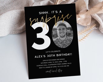 Surprise 30th Birthday Invitation For Him, Minimalist Men Thirty Photo Invite, Shhh It&#39;s A Surprise, Editable Evite, Black Gold, Corjl PP64