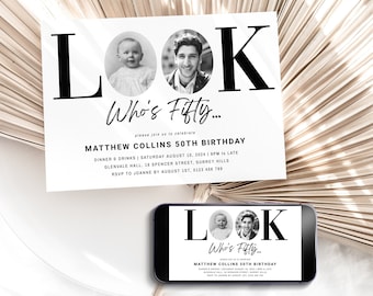 50th Birthday Invitation For Him, Look Who's 50 Invitation Template With Photo, Black Gold Fifty Invite For Men, Editable Evite, Corjl PP68