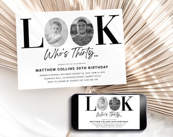 30th Birthday Invitation For Him, Look Who's 30 Invitation Template With Photo, Thirty Invite For Men Black Gold, Editable Evite, Corjl PP68