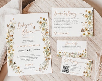 Baby In Bloom Invitation Bundle, Printable Floral Baby Shower Bundle, Wildflower Invite, Spring Flowers, Diaper Raffle, Boho Girl Corjl PP72
