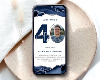 Navy 40th Birthday Invitation Template For Men, Luxury Navy Silver 40th Digital Invite with Photo, Electronic For Him, Blue Agate Corjl PP39