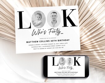 40th Birthday Invitation For Him, Look Who's 40 Invitation Template With Photo, Black Gold Forty Invite For Men, Editable Evite, Corjl PP68