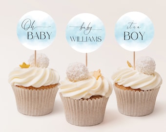 Baby Shower Cupcake Toppers Blue, Printable Cupcake Topper Baby Boy, Minimalist Baby Shower Decor, Editable Baby Shower Favor, Corjl PP65