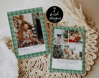 Gingham Christmas Photo Card Printable, Plaid Holiday Card Template, Editable Rustic Happy Holidays Card, Family Collage, Green, Corjl PP78