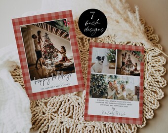 Gingham Holidays Photo Card Printable, Red Plaid Christmas Card Template, Editable Rustic Happy Holidays Card, Family Collage, Corjl PP78