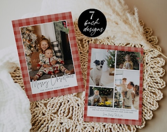 Gingham Christmas Photo Card Template, Printable Plaid Holiday Card, Red Rustic Holidays Card Editable, Family Photo Collage, Corjl PP78