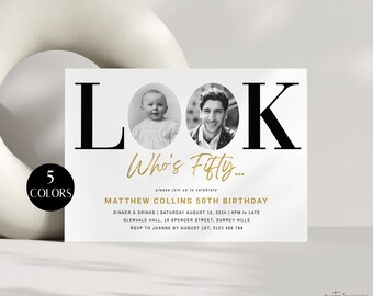Look Who's 50 Invitation Template With Photo, 50th Birthday Invitation For Him, Black Gold Fifty Invite For Men, Editable Evite, Corjl PP68