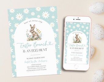 Mint Easter Egg Hunt and Brunch Invite Printable, Easter Celebration Invitation Digital, Arch Spring Pastel Flowers, Editable, Corjl PP82