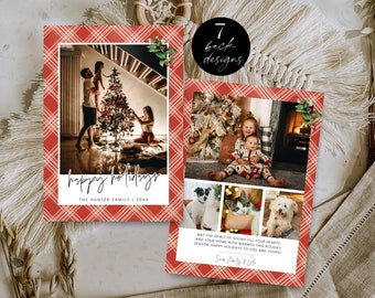 Plaid Holidays Photo Card Printable, Rustic Christmas Card Template, Editable Red Tartan Family Holiday Card, Personalized Card, Corjl PP78
