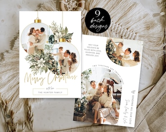 May include: A Christmas card with a gold and white design featuring a family photo with a Christmas tree. The text "Merry Christmas" is written in gold script with the words "with love" and "The Hunter Family" below. The back of the card has a photo of the family with the text "Two Thousand and Twenty-Three" and "Sending all our love" in gold script.