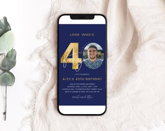 Navy Blue and Gold evite Birthday 40th, Men Digital 40th Invite with Photo, evite Birthday for Man, Electronic Invite, Editable, Corjl PP39
