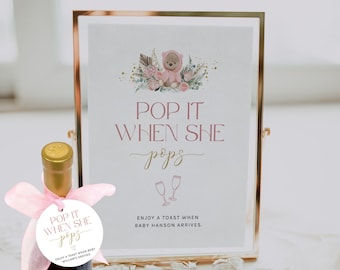 Pop It When She Pops, Baby Shower Tags for Champagne, Boho Teddy Bear, Mini Champagne Favor Tag, Pop The Bubbly, Pink Girl, Corjl PP53