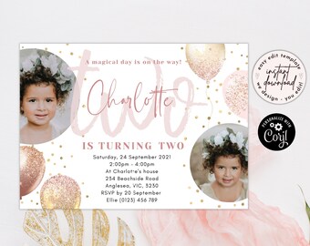 May include: Pink and gold birthday invitation with a photo of a young girl and the text "Charlotte is turning two". The invitation includes details for the party, including the date, time, location, and RSVP information.