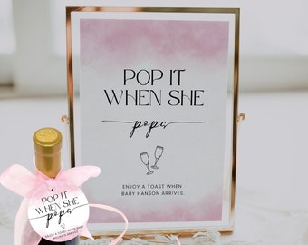 Pop It When She Pops, Champagne Baby Shower Favor, Pink Minimalist Baby Shower Favor Girl, Printable Mini Champagne Tag, Bubbly, Corjl PP55