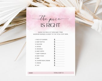 The Price is Right Game, Minimalist Baby Shower Girl, Printable Baby Shower Price is Right, Dusty Pink Watercolor, Editable Game, Corjl PP55