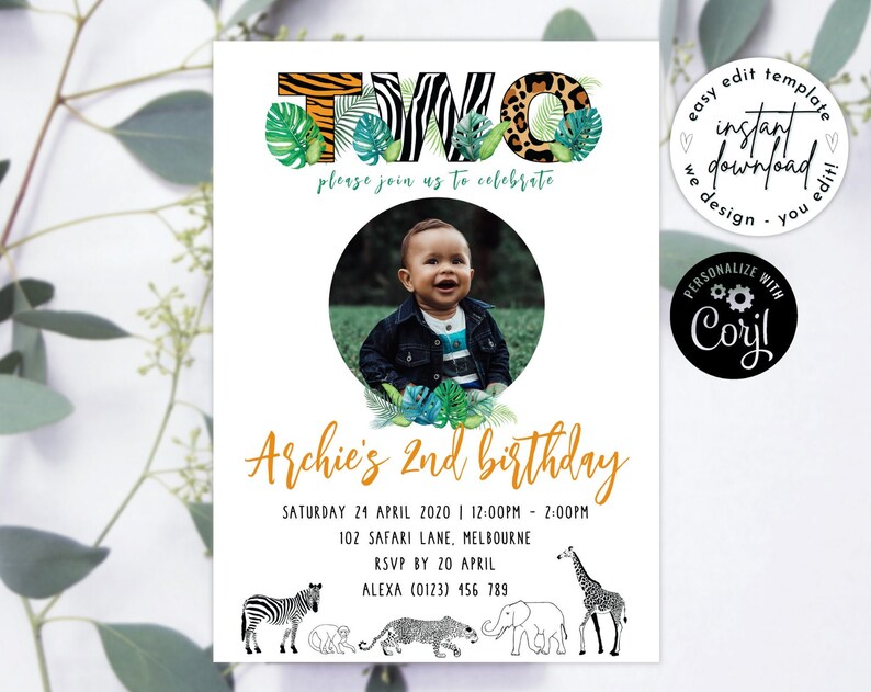 Safari Jungle Zoo Animal Tropical 2nd Second Birthday Party Invitation Kids with Photo Editable Printable Digital Template