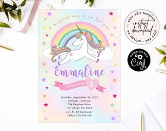 Rainbow Unicorn Birthday Party Invitation Girl. Pink Magical Unicorn. Editable Printable Digital Instant Template Invite Corjl Any Age PP025