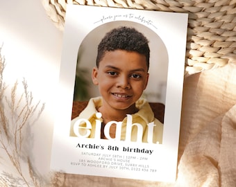 Minimalist 8th Birthday Party Invitation with Photo, Boys Eighth Birthday Invite, Instant Download Template, Simple, Aesthetic, Corjl
