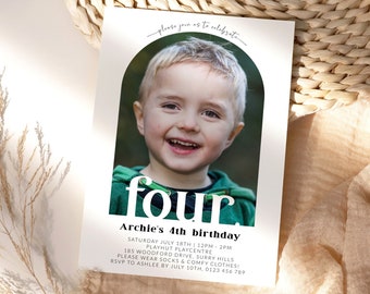 Minimalist 4th Birthday Party Invitation with Photo, Boys Fourth Birthday Invite, Instant Download Template, Simple, Aesthetic, Corjl